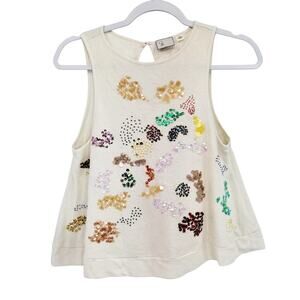 Anthropologie 9-H15 STCL Cream Linen Blend Sequin Beaded Pattern Tank Women's XS